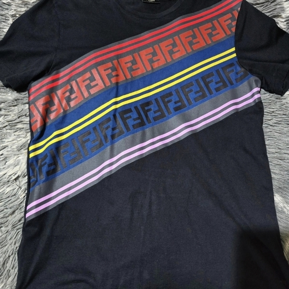 Fendi Men's Navy T-Shirt with Colorful Stripe Logo